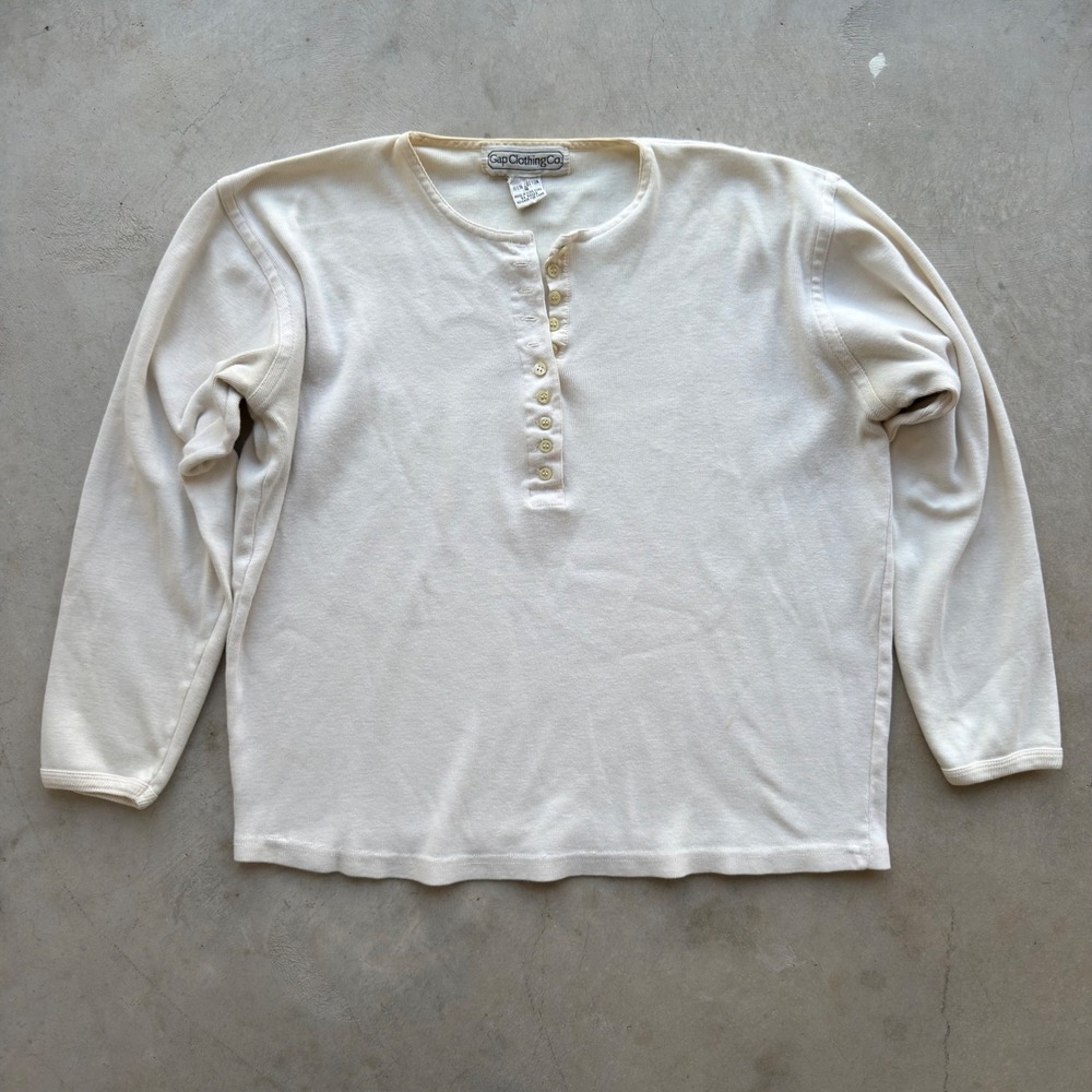 Vintage Gap Clothing Co Cream Ribbed Cotton Henley Long Sleeve Top Small